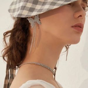 Silver Dangling Crystal Butterfly Earrings